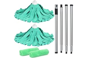 MATTHEW CLEANING PRODUCTS Matthew Microfiber Cloth Mop Compatible with Ceda Microfiber Cloth Mop Refill Commercial Replacement 54" Stainless Steel Handle with 2 Wet Mop Heads w/1 Handle Incl.2Pcs Microfiber Towels-Green