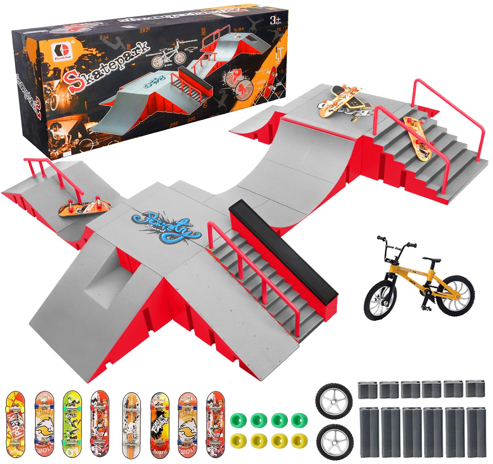 Photo 1 of RNGODO Finger Skateboard Park Kits,14-in-1 Bigger Finger Skateboard Ramp Set with 14 Ramps,8 Fingerboards,1 Finger Bike, Skate Park Kit,Fingerboard Skatepark Half Pipe Toys Gifts for Ages 3+