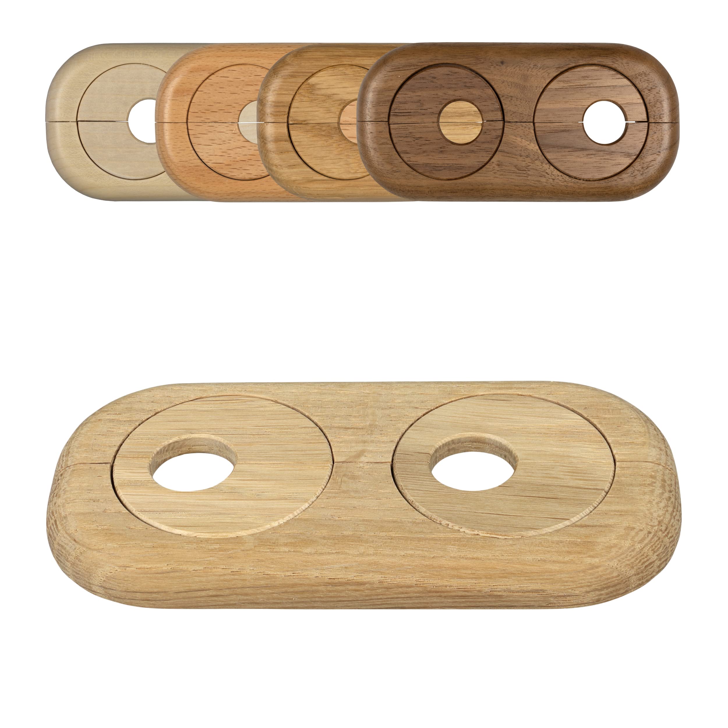 FUX 1 Radiator Pipe Covers Double Collars 22mm Unvarnished Oak Wood - Heater Covers - Variable Spacing 41-66mm