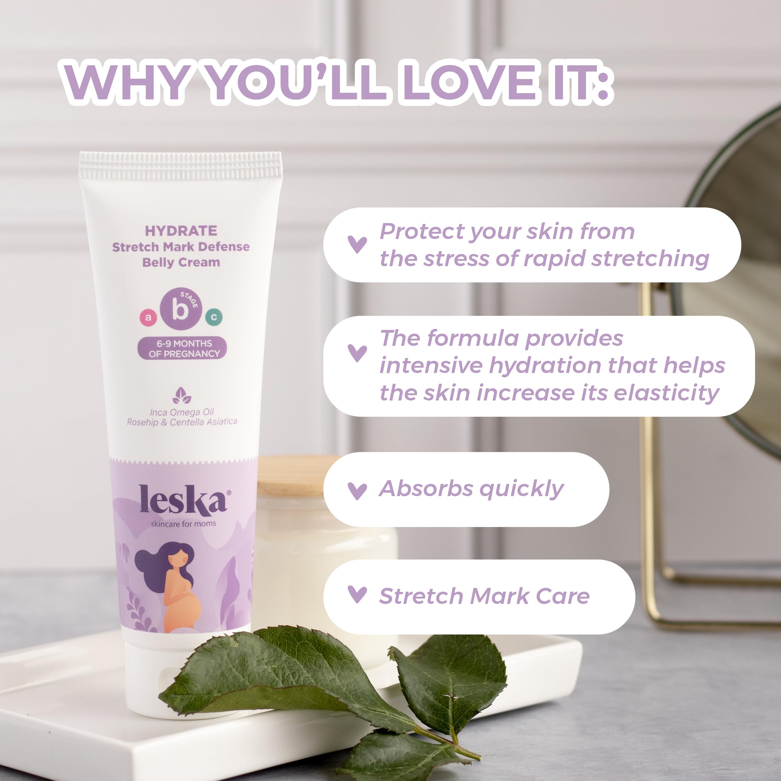 LESKA Maternity Stretch Mark Cream | STAGE B: HYDRATE Stretch Mark Defense Belly Cream (Pregnancy Months 6-9) | Part of a Complete 3-Stage Pregnancy Skincare System | New Mom Gifts (4oz)
