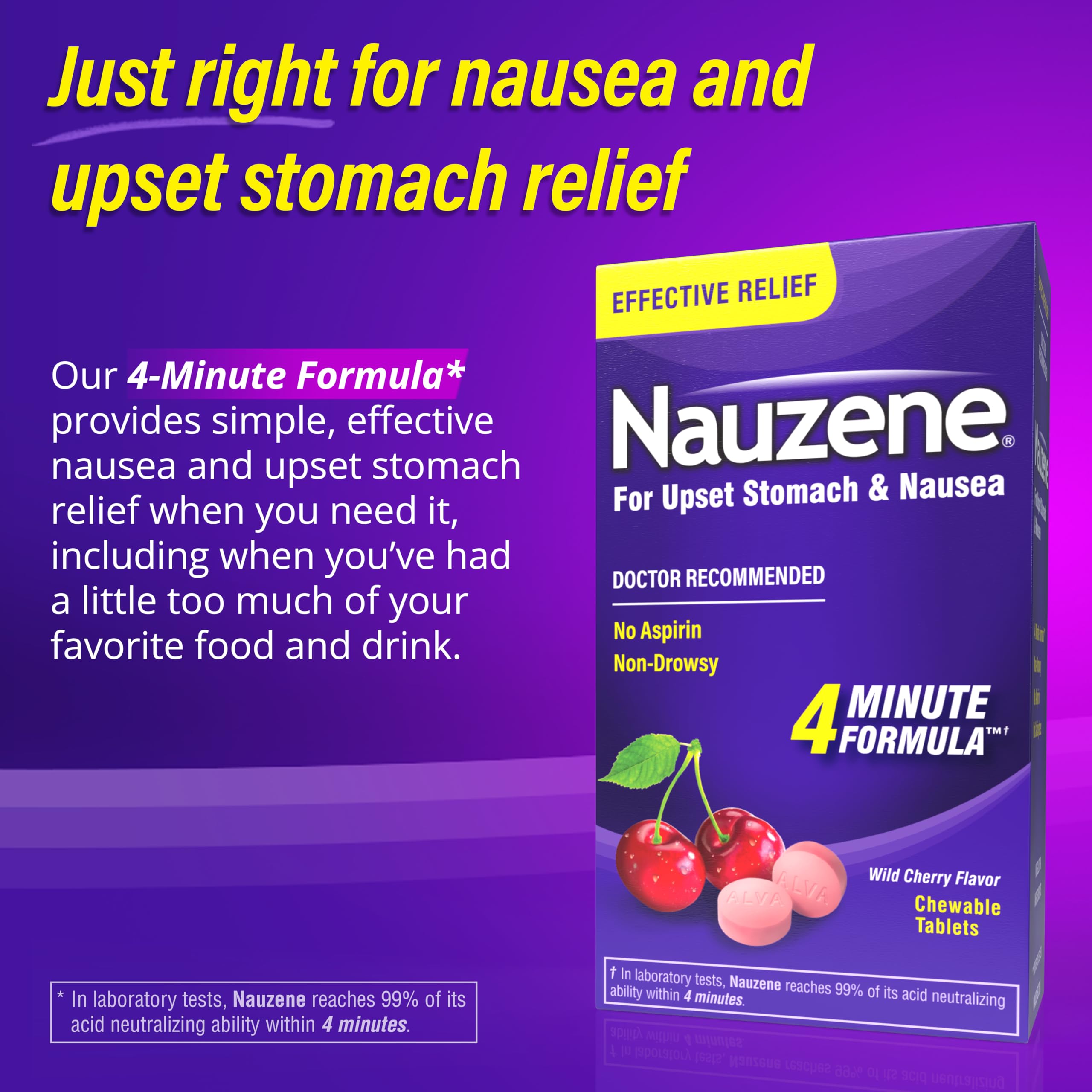 Nauzene Non-drowsy Upset Stomach & Nausea Relief Chewable Tablets - Fast-Acting Relief in 4 Minutes - Doctor Recommended - Wild Cherry Flavor, 56 ct