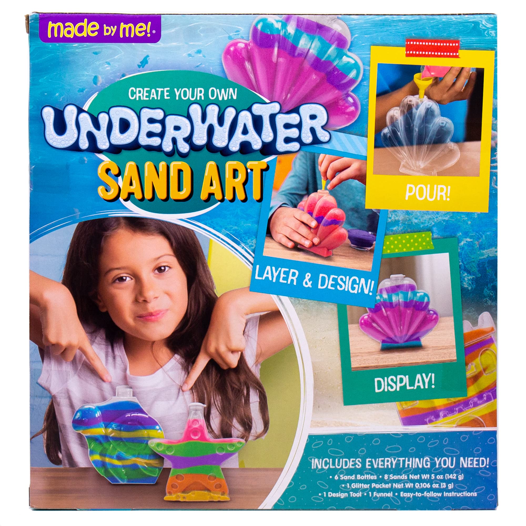 Made By Me Create Your Own Underwater Sand Art, Includes 6 Ocean-Themed Bottles, 8 Sand Colors, Glitter, & Funnel, Great Staycation or Group Activity, Party Idea, DIY Sand Art For Kids Ages 6, 7, 8, 9