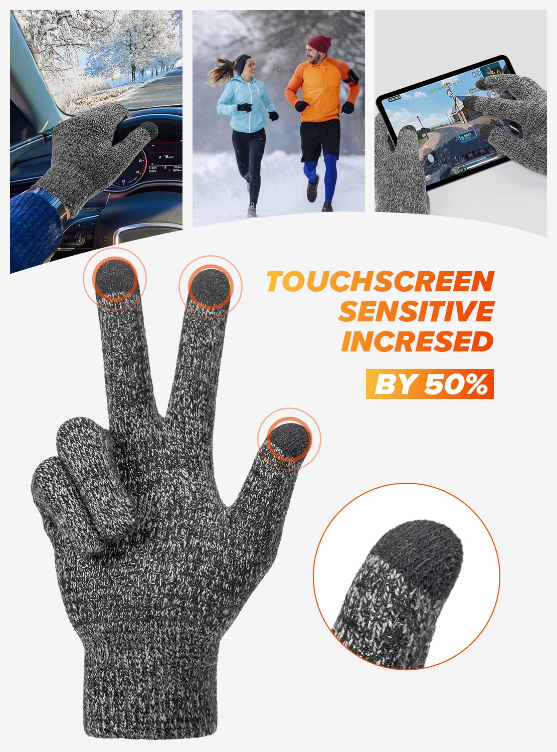 TRENDOUX Winter Gloves For Men Women, Cold Weather Warm Touchscreen Glove Unisex, Non-slip, Elastic Cuff, Knit Stretchy