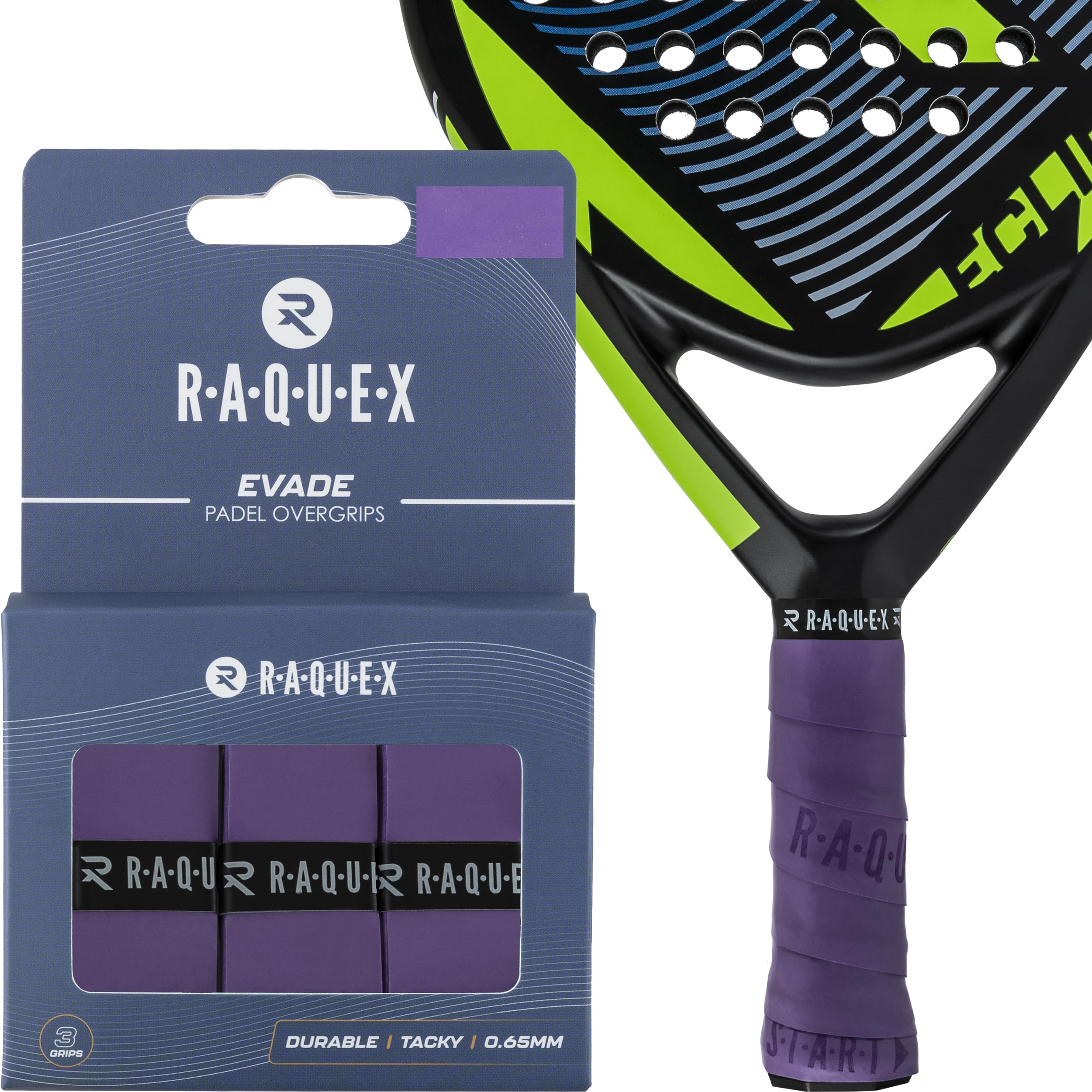 Raquex Evade Padel Racket Overgrip – 10 Colours - 3 Pack Padel Ball or Pickleball Racquet Tape, 0.65mm Thickness – Absorbent, Slightly Tacky Anti Slip Over Grip (Violet)