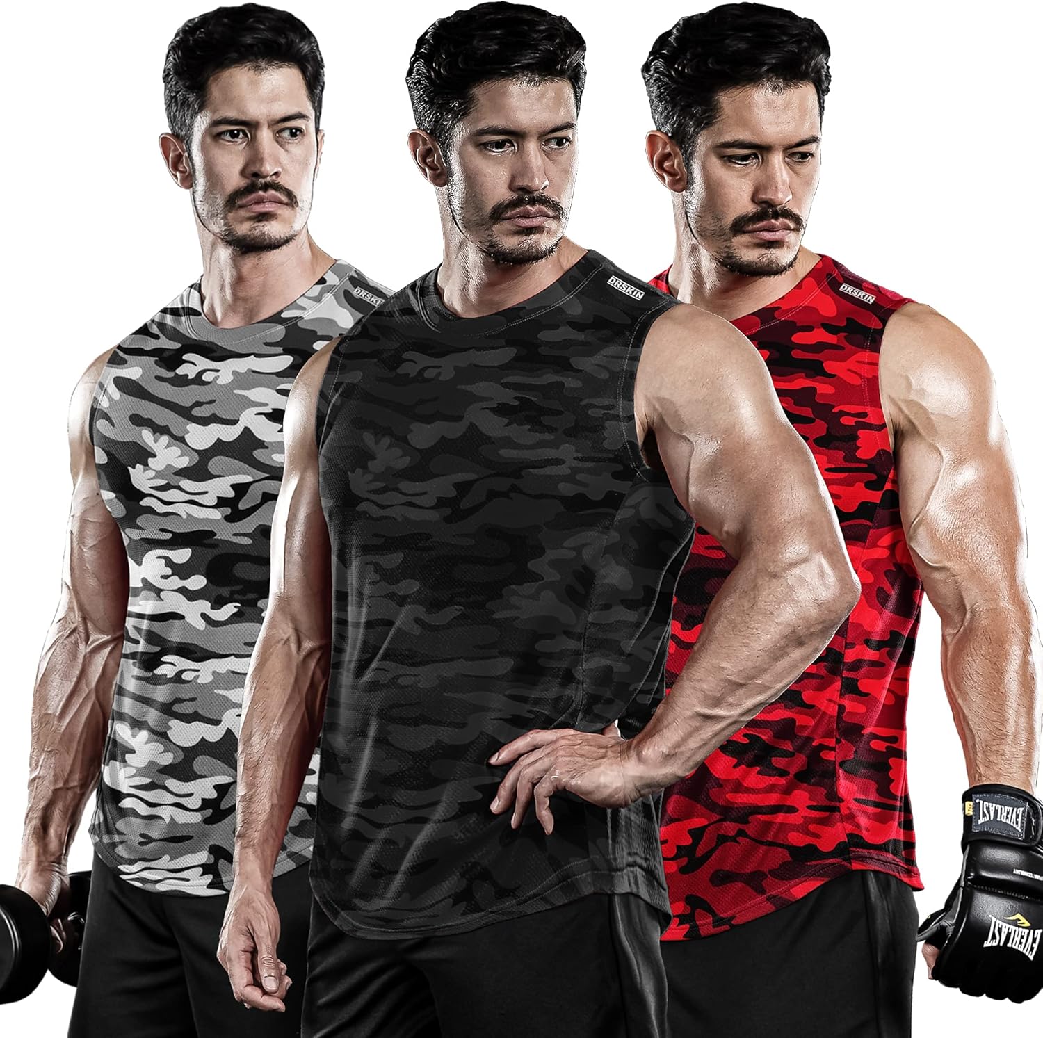 DRSKIN Men's 3 Pack Dry Fit Muscle Tank Tops Mesh Sleeveless Gym Bodybuilding Training Athletic Workout Cool Shirts: Clothing