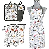 Alselo Oven Mitts and Pot Holders with Chaf Apron,Set of 5 Heat Resistant Kitchen Gloves and Silicone Non-Slip Potholders Adjustable Neck Buckle Apron, Cotton Nice Design for Cooking (Butterfly)