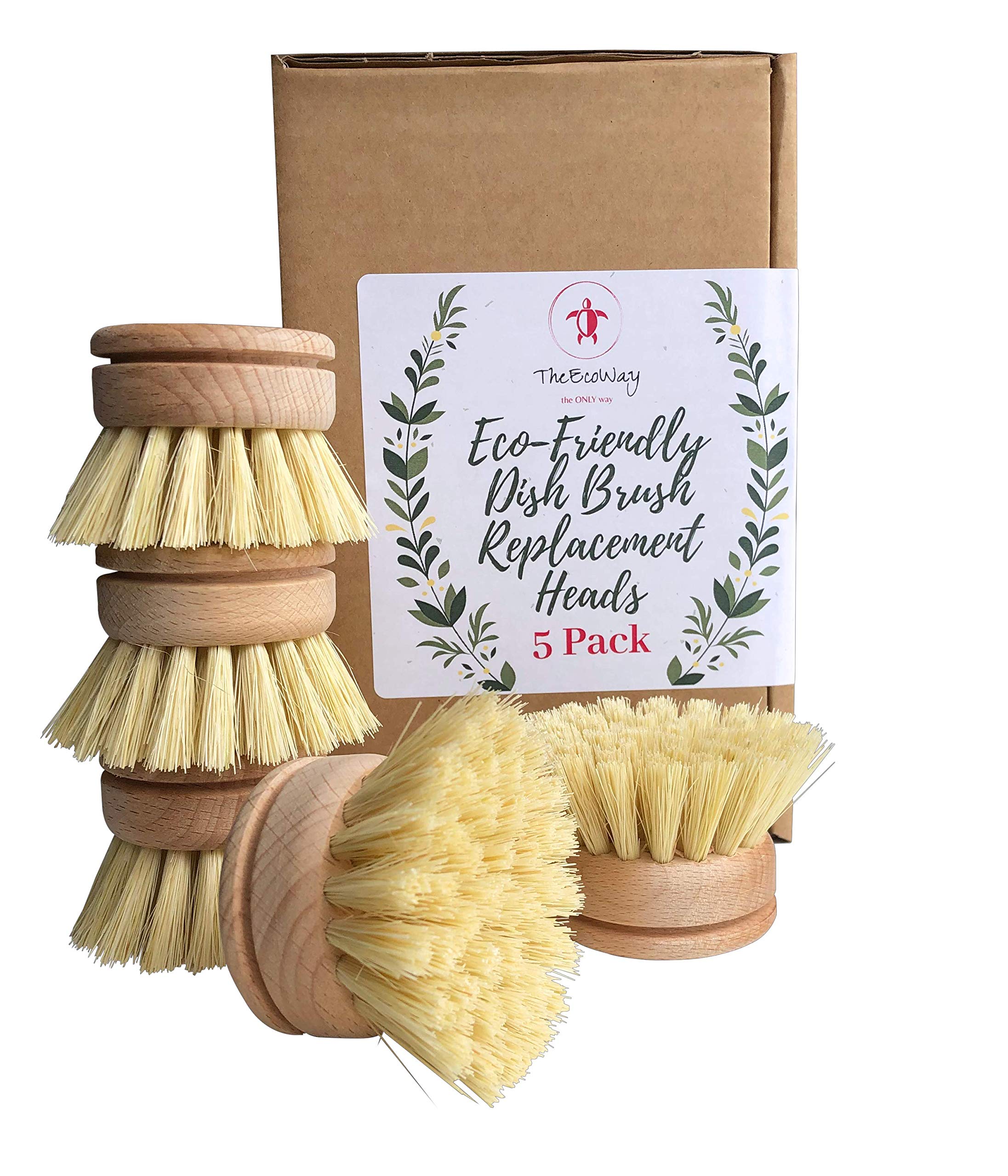 Eco-Friendly Dish Brush Replacement Heads - 5 Pieces Natural Sisal Hemp and Beech Wood Scrubbing Brushes