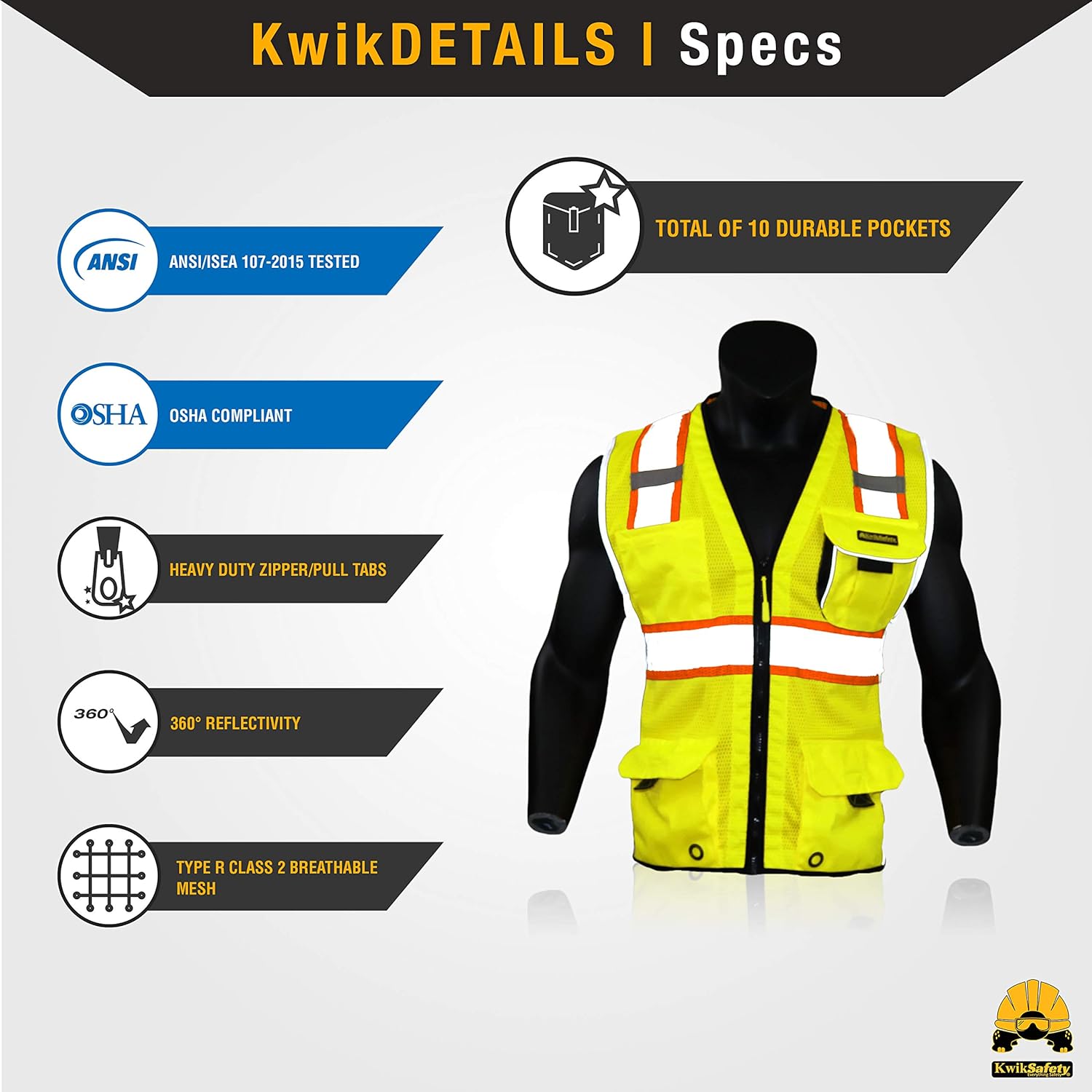 KwikSafety (Charlotte, NC) CLASSIC (10 Pockets) Class 2 ANSI High Visibility Reflective Safety Vest Heavy Duty Mesh with Zipper and HiVis OSHA Construction Work HiViz Men Women | Yellow X-Large - - 