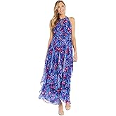 Floral Chiffon Halter Maxi Dress W/Keyhole Detail & Ruffle Cascade Skirt