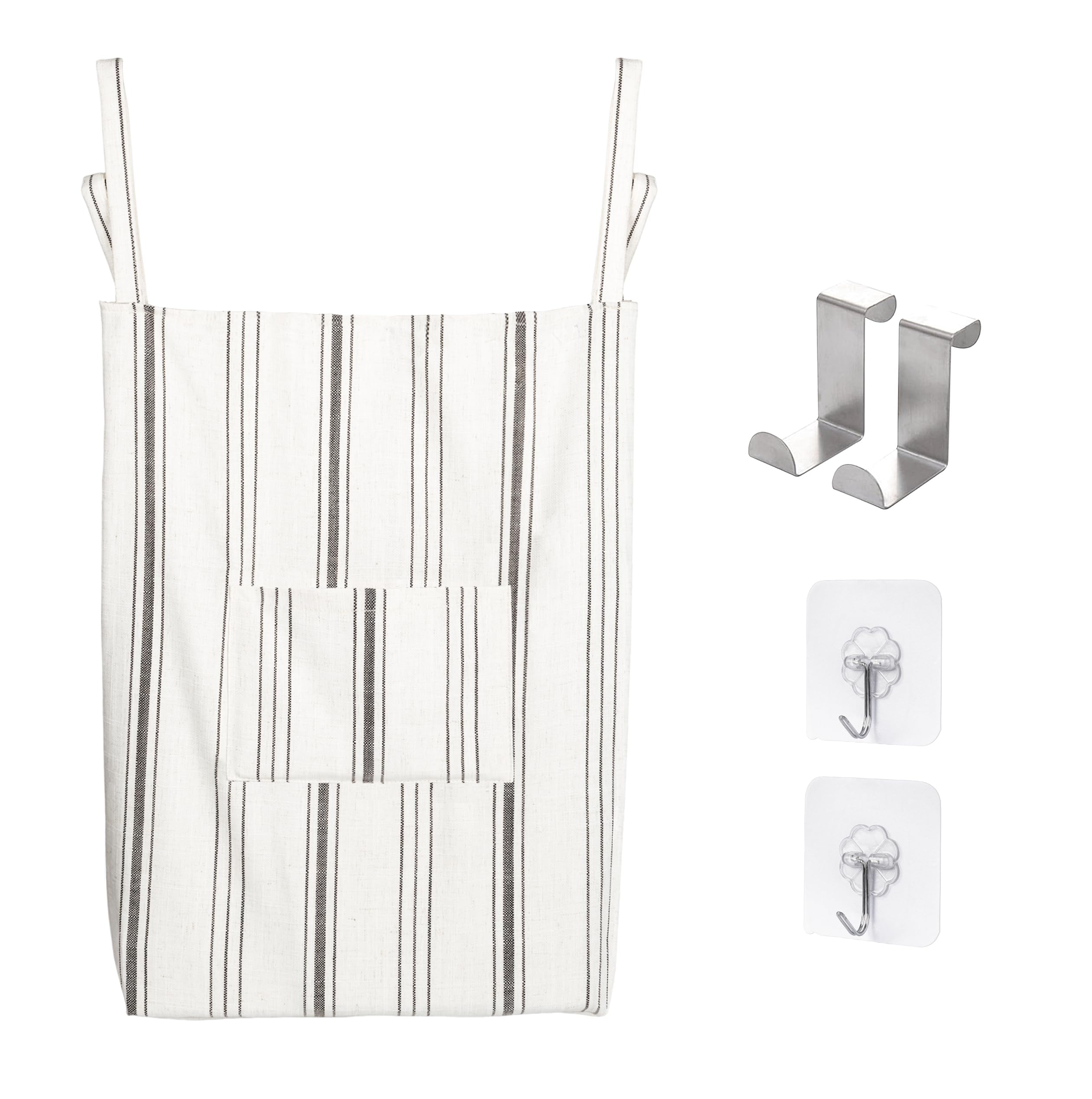 Photo 1 of AELS Farmhouse Hanging Laundry Hamper with 2 Hooks, Gray Stripes Laundry Bag with Zipper & Wide Open Top, Over the Door Organizer for Dirty Clothes, Washable Space Saving Storage