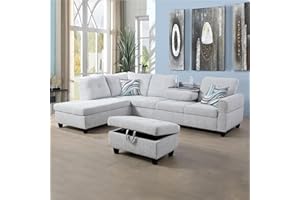LOPOO 97" Linen Modular Sectional Sofa w/Storage Ottoman, Upholstered L-Shaped Couch with 69" Chaise Lounge & Left Armrest, Living Room Furniture Sets, Foldable Backrest w/Cup Holders (Grey White)