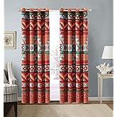 Rustic Western Southwest Native American Window Treatment Grommet Curtain Set in Beige Brown Turquoise Blue Orange Burgundy and Red Colors - Austin Brown Curtains Microfiber