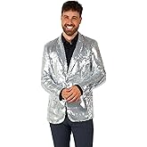Suitmeister Men’s Silver Sequin Blazer – Shiny Glitter Slim Fit Party Jacket for Christmas, Disco, NYE & Prom