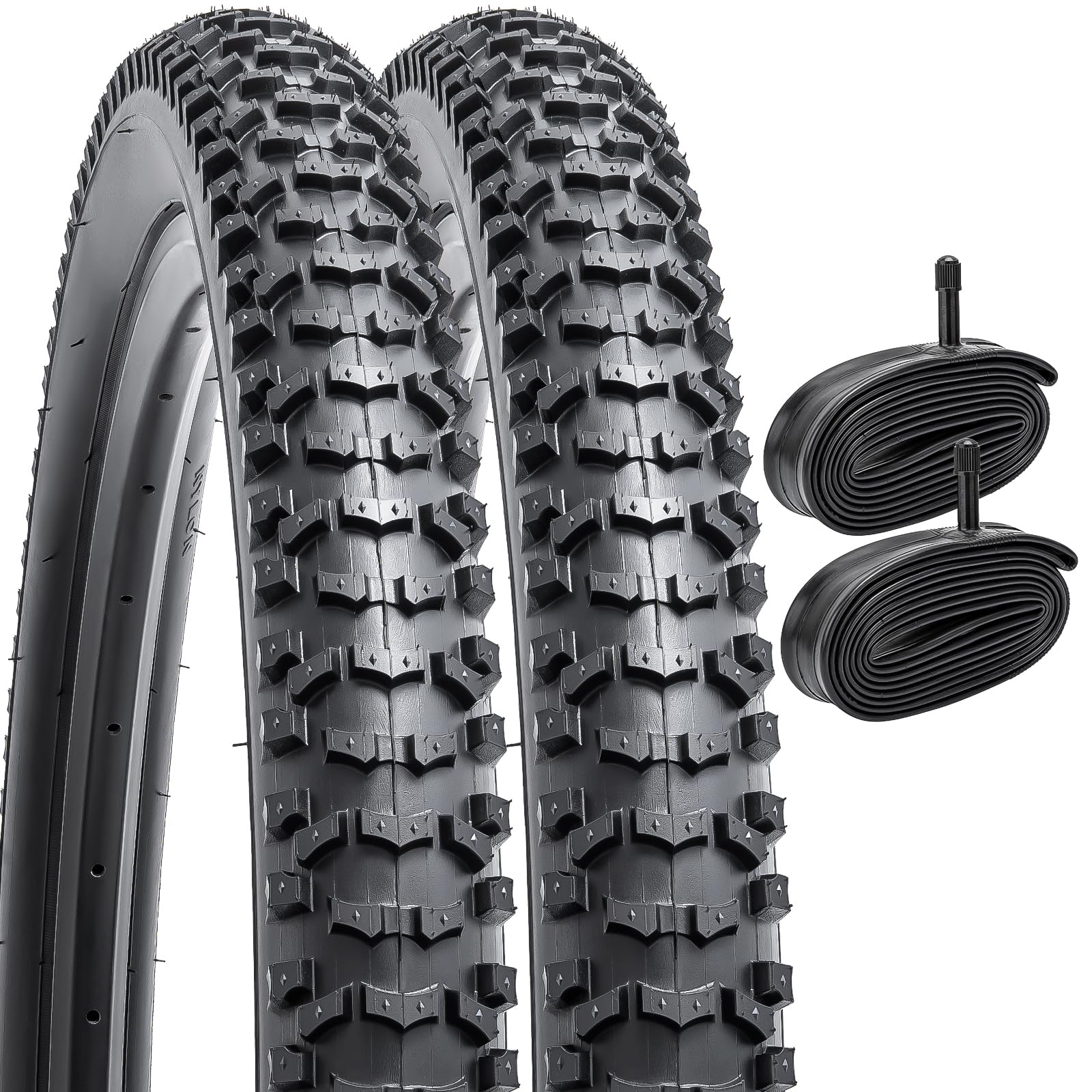 Photo 1 of YUNSCM 2-PCS 26" Mountain Bike Tires 26x2.40/58-559 and 26" Heavy Duty Bike Tubes Schrader Valve AV32mm Compatible with Off Road Bike 26x2.35 26 x 2.40 Bicycle Tires and Tubes (Y-1223)