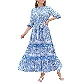 HECCPLI Women 3/4 Sleeves Front Buttons Floral Print Casual Bohemian Maxi Dresses