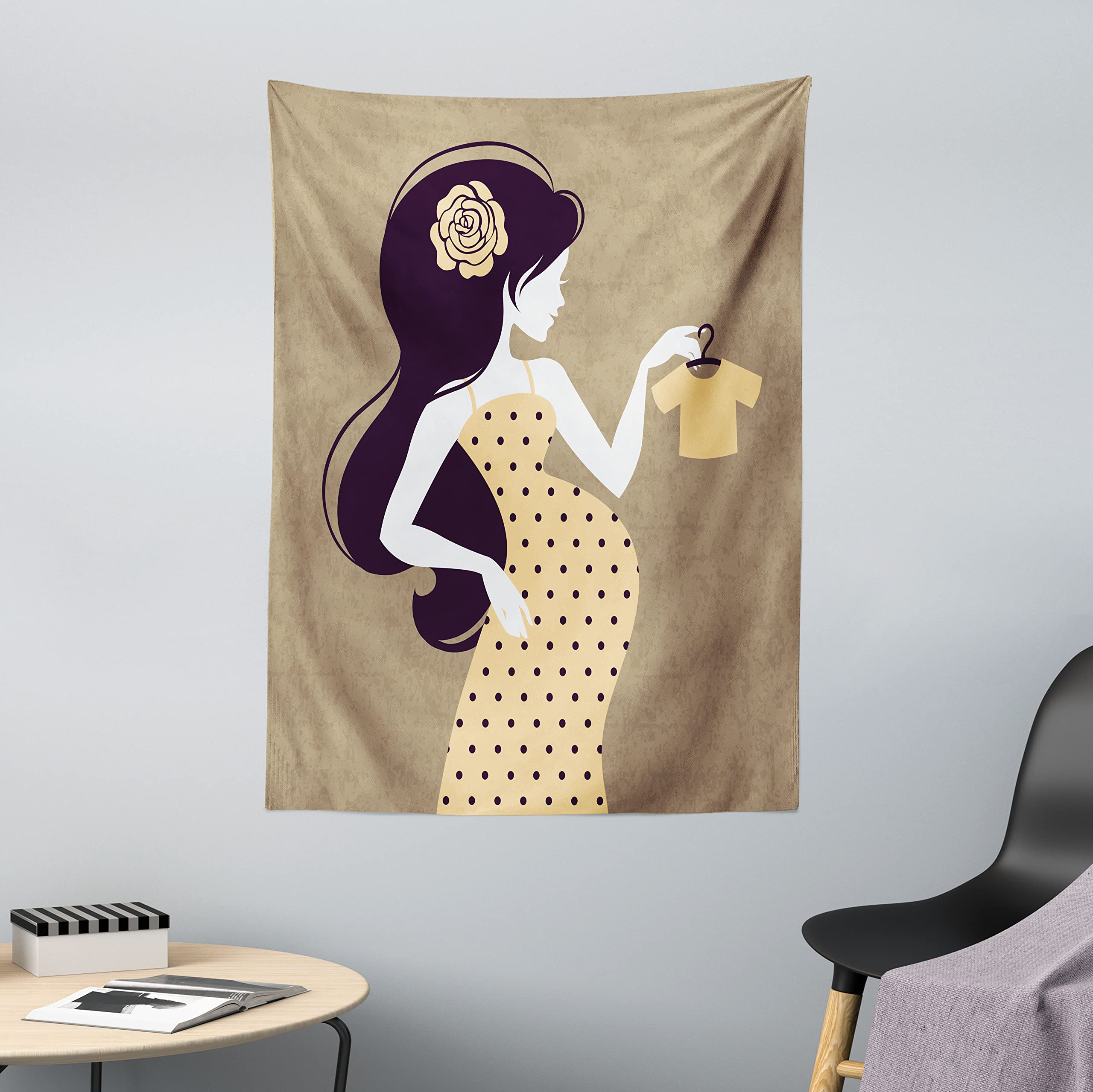 ABAKUHAUS Vintage Woman Tapestry, Retro Silhouette of Pregnant Woman Figure Holding a Baby Jacket Mom Image, Fabric Wall Hanging Decor for Bedroom Living Room Dorm, 43 W X 58 L, Multicolor