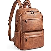 tiamyi Vegan Leather Backpack for Women, Fits 15.6 Inch Laptop, Multi-Pocket Design with Water Bottle and Luggage Strap, Ideal for Work, Travel, and Daily Use, Brown