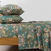 FADFAY King Sheet Set, Floral Sheets 4-Piece 100% Percale Cotton Bed Sheets Deep Pocket Fitted Sheet, Boho Vintage Teal Blue & Orange Country Style Bedding Soft Breathable