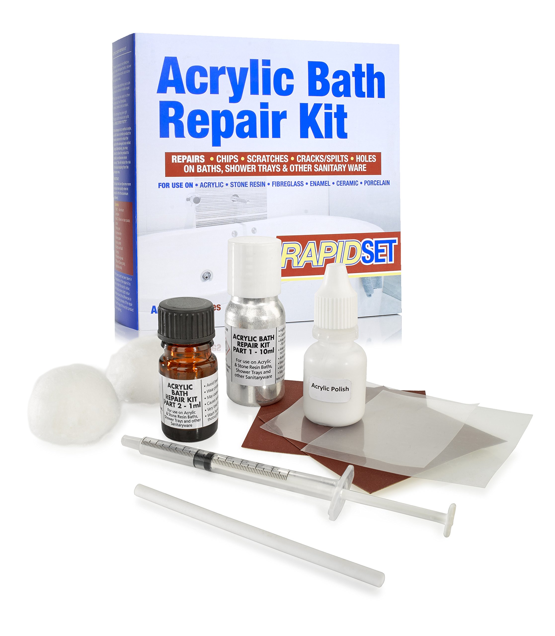 AngloAdhesives Acrylic Bath Repair Kit, Quick Setting White Solution for Repairing Chips Scratches Dents & Hairline Cracks on Acrylic Plastic, Fibreglass and Stone Resin Baths & Shower Trays
