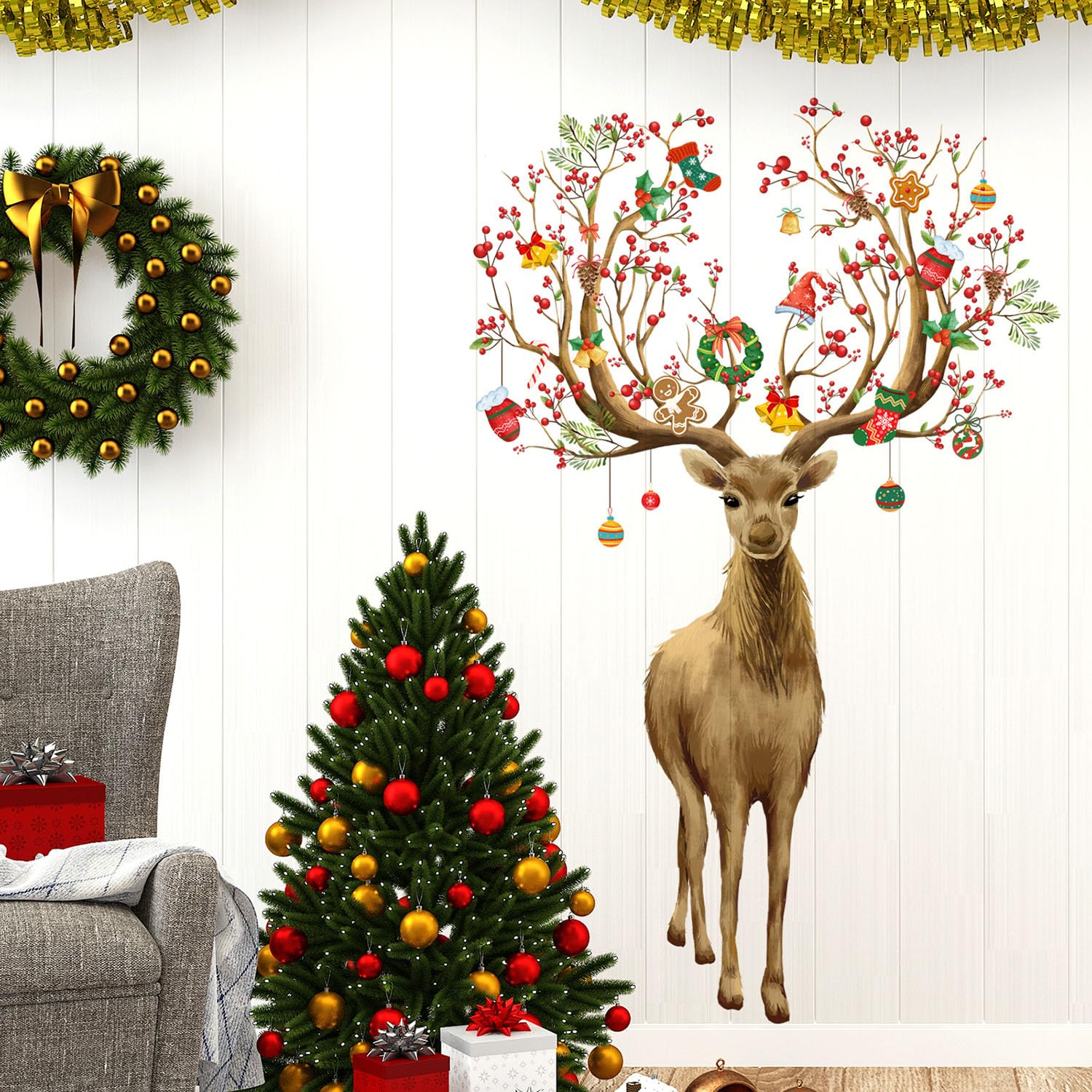 Photo 1 of MagiMural Reindeer Christmas Wall Stickers, Various Merry Christmas Decorative Presents Deer Elk Peel and Stick Wall Decals, Bedroom Living Room Sofa TV Background Art Wall Decor