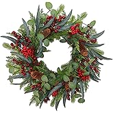 22 Inch Artificial Christmas Wreaths for Front Door, Winter Wreath with Big Pine Cones、Pine Needles、Red Berries、Eucalyptus Leaves for Indoor Outdoor Wall Porch Festival Farmhouse Home Holiday Decor.