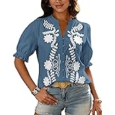 BTFBM Women's 2026 Spring Tops Casual Floral Boho V Neck Puff Short Sleeve Button Down Shirts Embroidered Blouses Tunic
