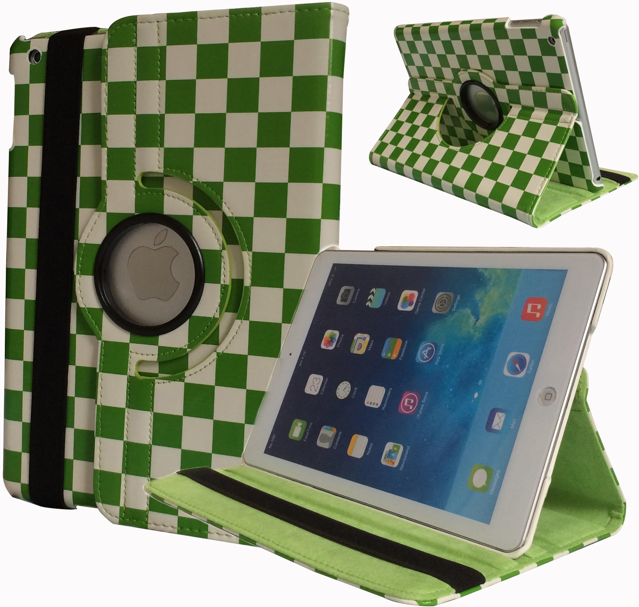 DodoBay® Stylish Check Pattern Checked PU Leather 360 Degrees Rotating Stand Multi-Function Case Smart Cover Wallet Pouch Auto Sleep Wake up Feature for Apple iPad Air - Green+White