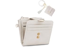 Sunpour Small Wristlet Wallets for Women Keychain Wristlet Wallet RFID Blocking Key Chain Wallet With Zipper Coin Pocket,2 Id Window (Beige)
