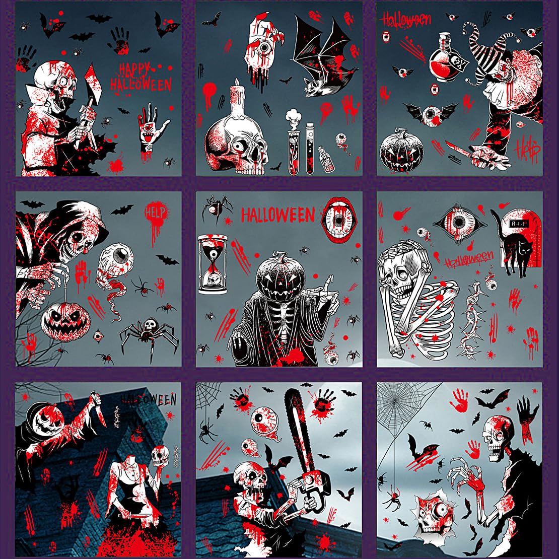 DeryArcle 9 Halloween Window Clings, Skull Window Film Stickers Decals, Bat Pumpkin Ghost Skeleton Scary Halloween Stickers for Home Décor