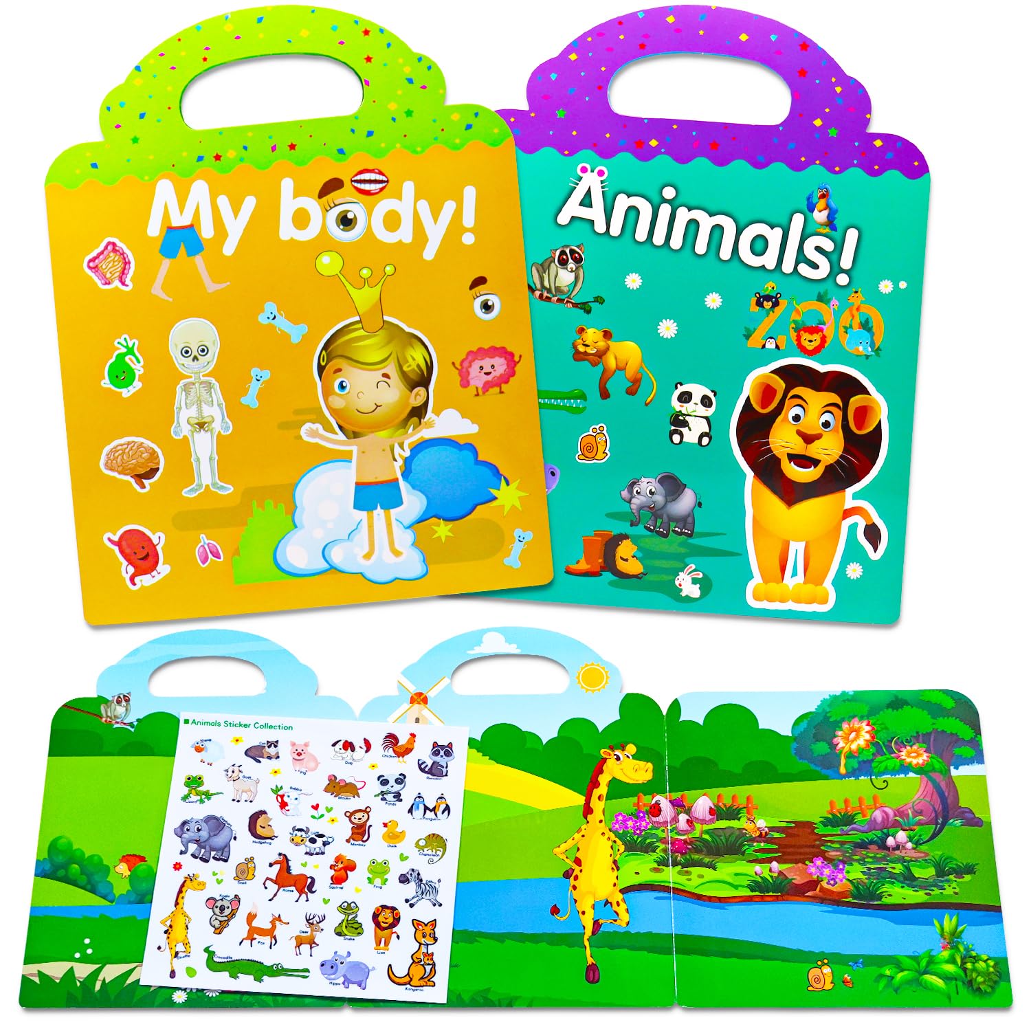 Reusable Sticker Book 2 Pack Stickers for Children Toddlers, Body and Animal Sticker Book with Scenes and Illustration, Waterproof PVC Kids Stickers, Sticker Books for 3+ Year Olds, Gifts for Children