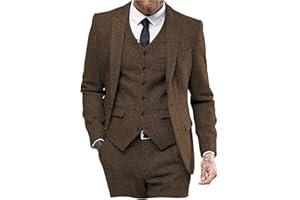 CEEHUTEEY Mens Tweed Herringbone Wedding Suit Prom Tuxedos 3 Piece Peak Lapel Dress