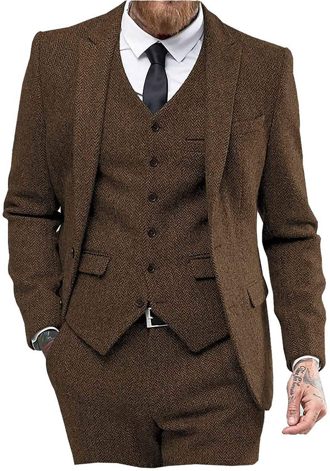 Photo 1 of Mens Tweed Herringbone Wedding Suit Prom Tuxedos 3 Piece Peak Lapel Dress(Brown,48)