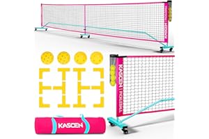 KASCEN Portable Pickleball Net for Driveway - 22FT Regulation Size Pickleball Nets with Wheels, Court Markers, Ball Holder, Carry Bag, 4 Pickleballs Indoor and Outdoor (Pink & Blue)