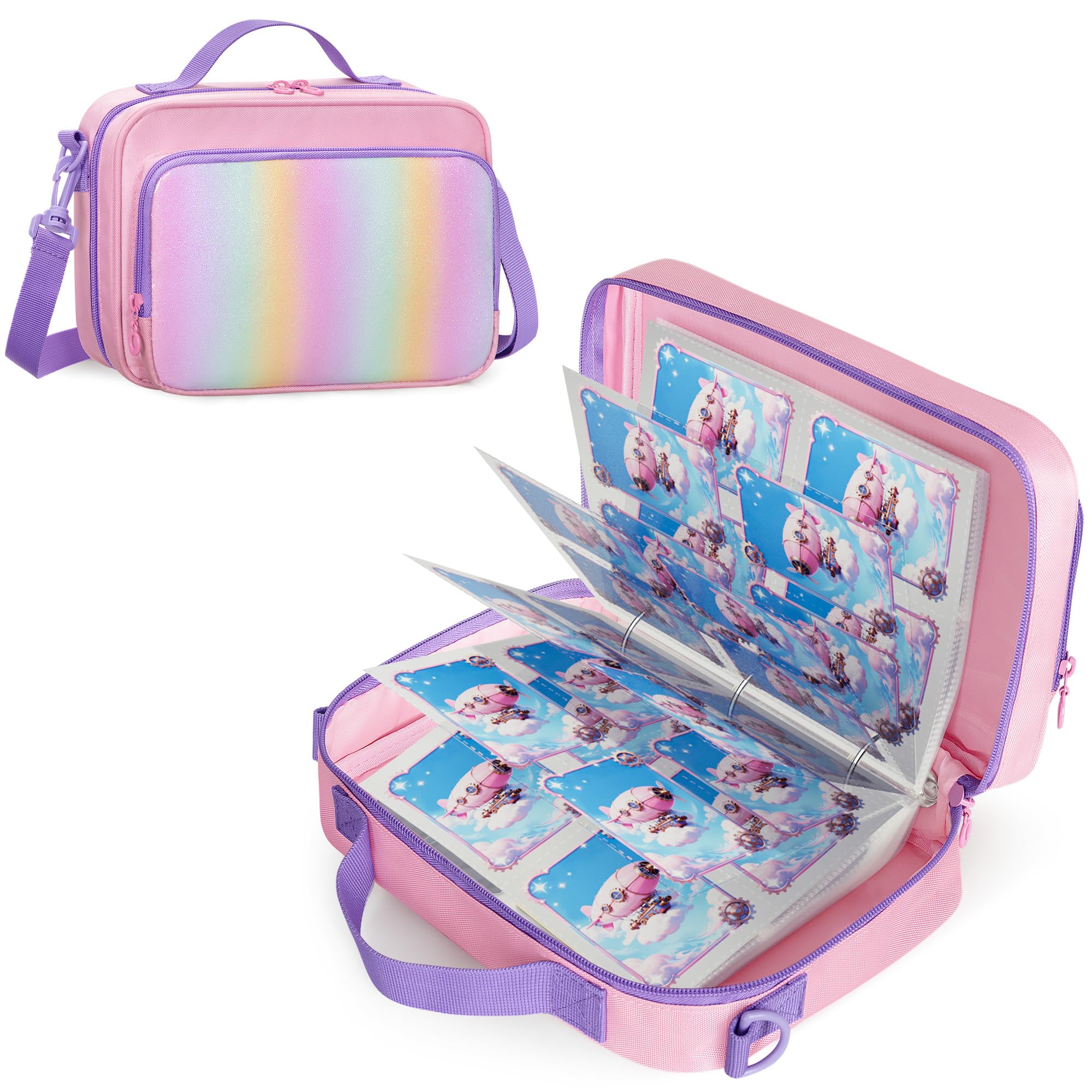 LoDrid Zipper Card Binder 4 Pocket, 409 Cards Holder Album with 50 Removable Sleeves, Binder Book Display Organizer Case for Game, Sport, Trading Cards, with Handle and Shoulder Strap, Pink