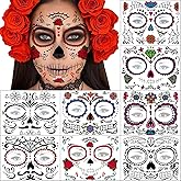 Day of the Dead Face Tattoos - 8 Sheets Halloween Temporary Tattoos Face Stickers Kit Día de Los Muertos Glitter Red Roses Skeleton Sugar Skull Fake Tattoo for Halloween Makeup on Face Body