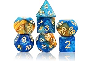 PIPIRICH DND Polyhedral Dice Set with a Black Dice Bag for D&D RPG MTG Role Playing Table Games RPG Polyhedral Dice for Dungeon and Dragons Playing Games 7-Die Set (Blue&Gold+Nebula Dice)