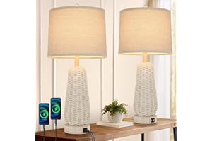 AUZONIMICS 27 In Tall Wicker Table Lamp Set of 2 - White Rattan Table Lamp with 2 USB Fast Charging Ports, Beach Lamps with Linen Lampshade, Boho Bedside Lamps for Bedroom Nightstand, Living Room End Table