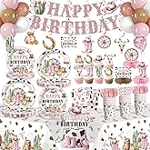 Xynic 201pcs Western Cowgirl Birthday Party Decorations Tableware Set, 25 Serves Disposable Cowgirl Plates and Napkins Set, with Cake Topper, Banner, Tablecloth, for Pink Western Party Decorations