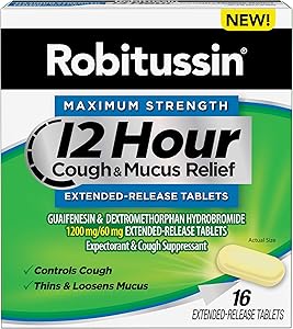 Robitussin Tablet 12 Hour Cough and Mucus Relief Extended-Release, Controls Cough, Thins and Loosens Mucus, Alcohol Free, 1 Tablet every 12 Hours, 16 Count