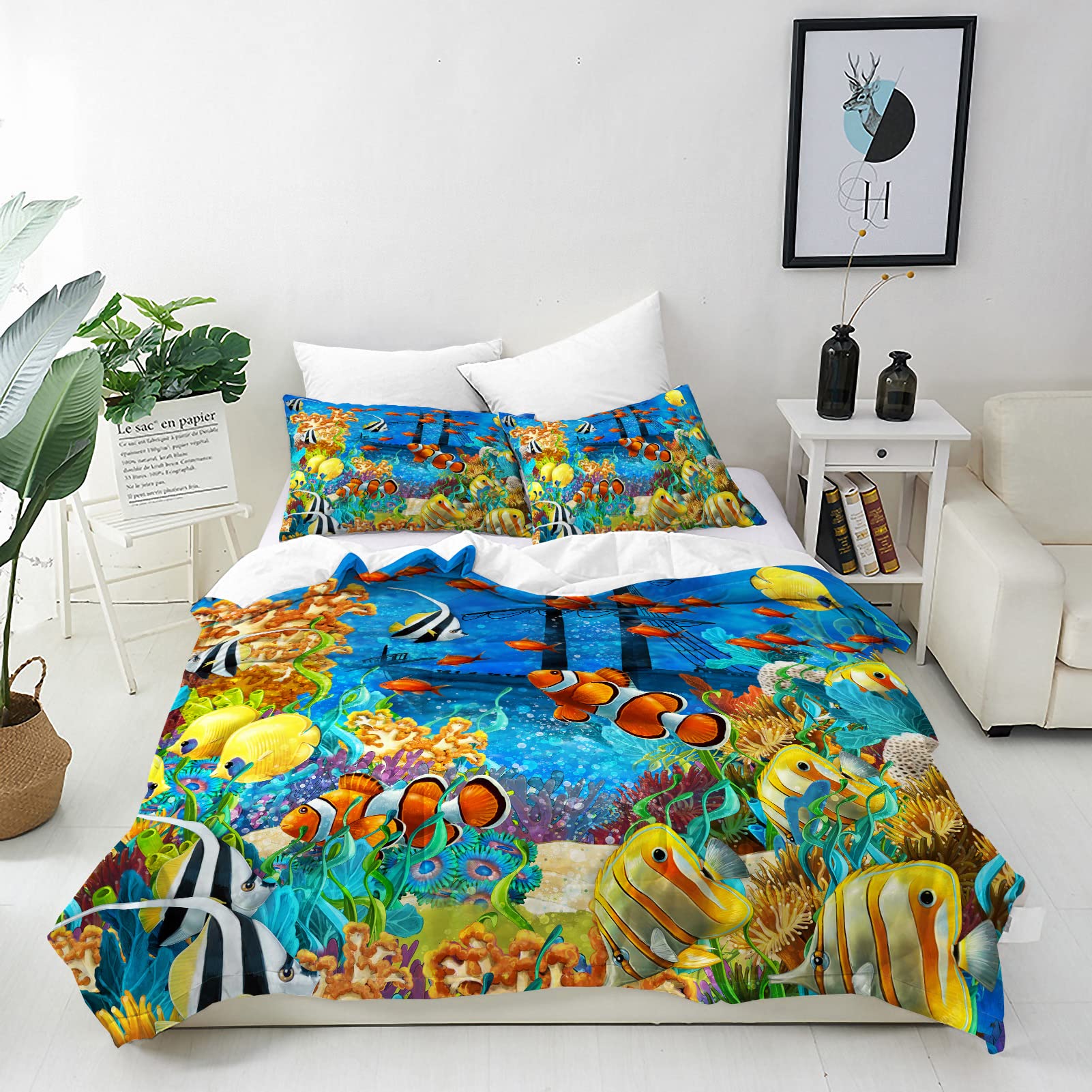 ANHOPE Underwater Duvet Cover Set 3 Piece Bedding Set Ocean Tropical Fish Print Pattern Soft Comforter Cover with 2 Pillowcases All Season Quilt Cover with Zipper for Kids Boys Girls Double