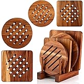 Yungyan 5 Pcs Acacia Trivet Mat and Trivet Holder Set, 5.8 inch 7 inch | Thicken Acacia Wood Hot Pads Trivets Heat Resistant Pads for Hot Dishes Pot Bowl Teapot, 2 Square 2 Round 1 Storage Rack