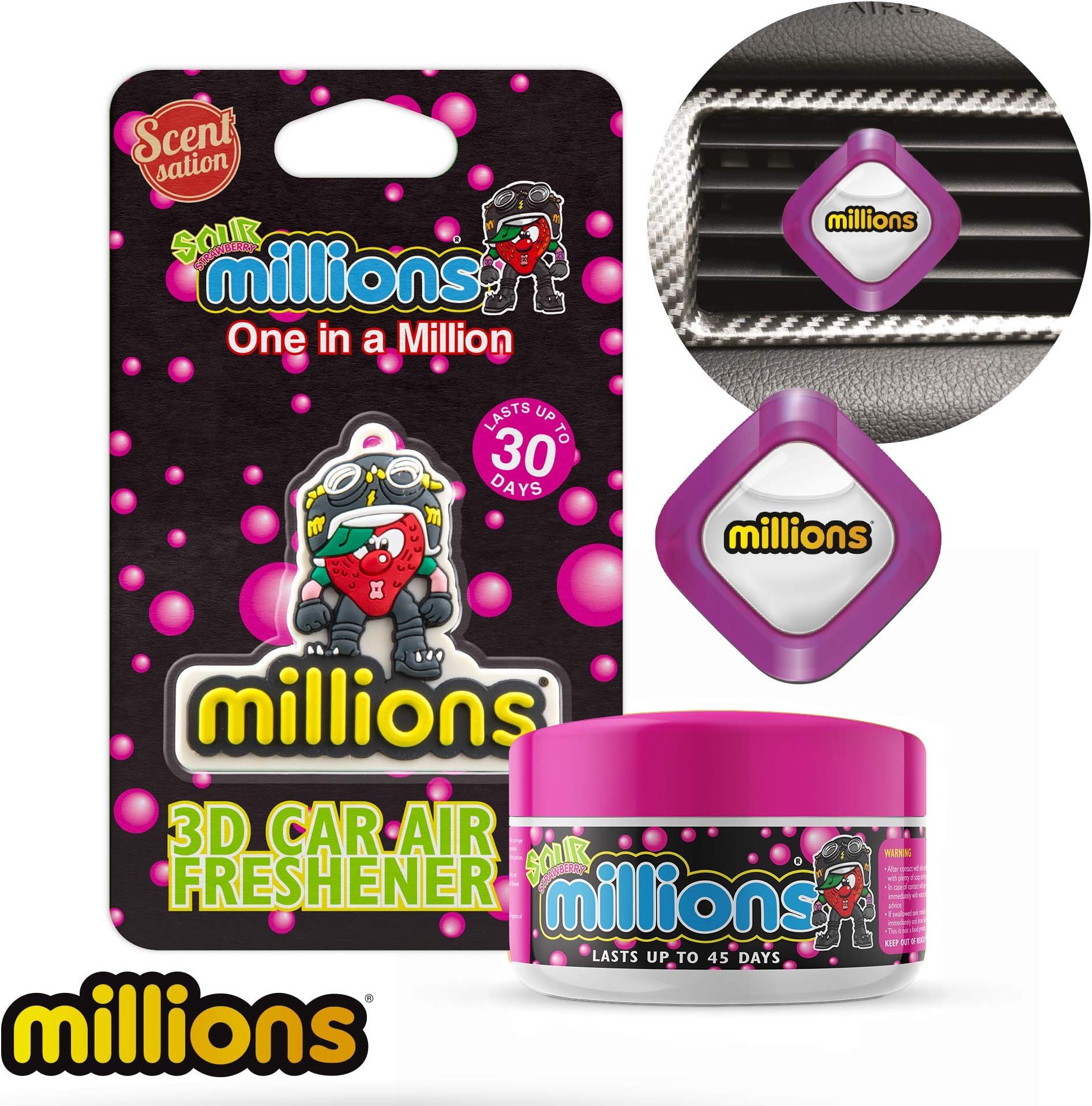 Millions Car Air Freshener Bundle - Air Vent, 3D and Gel Air Fresheners for Cars - Sour Strawberry (Bundle 2)