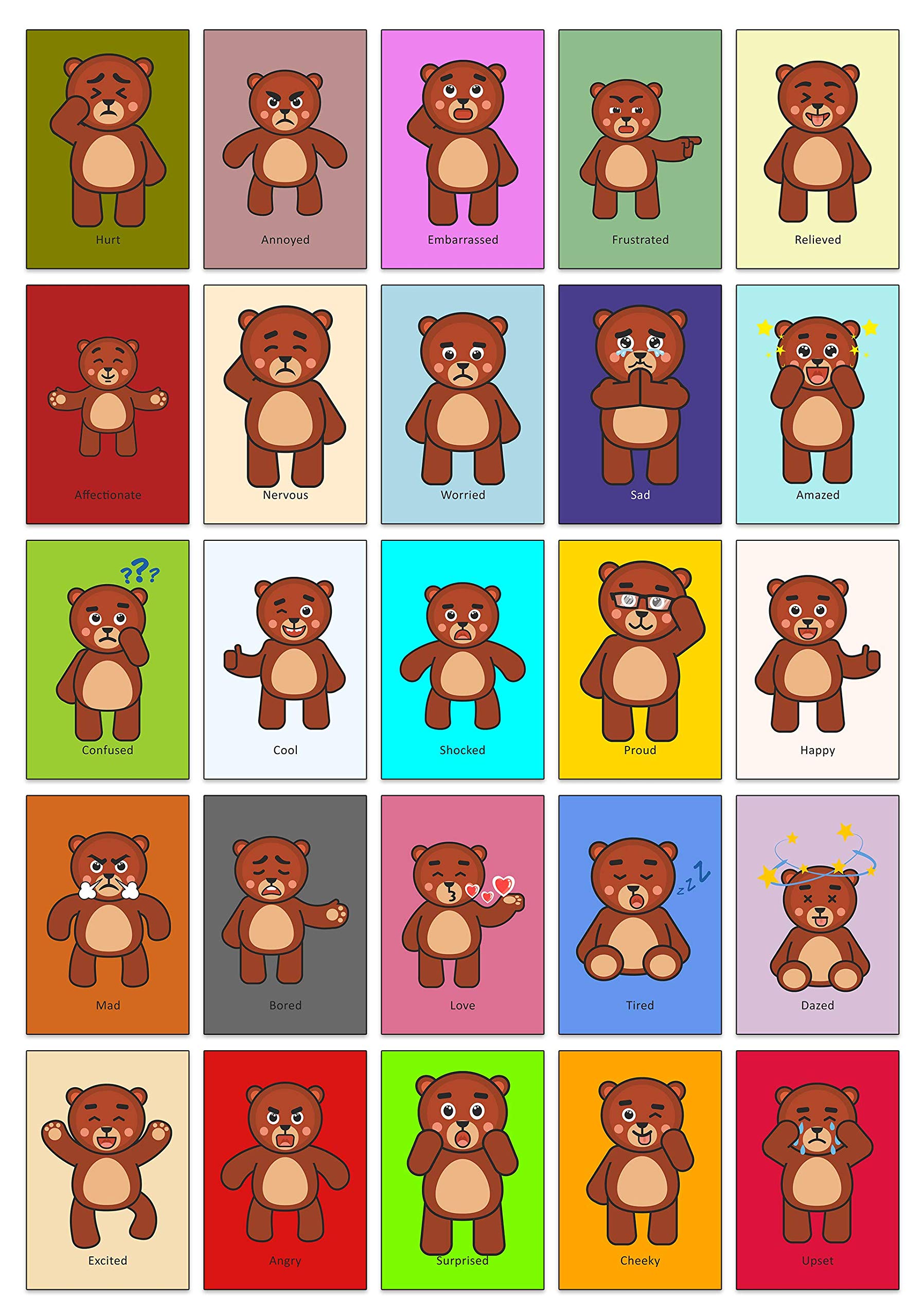 25 Bear Emotion Cards Feelings Mood Verbal Aid Flash Cards