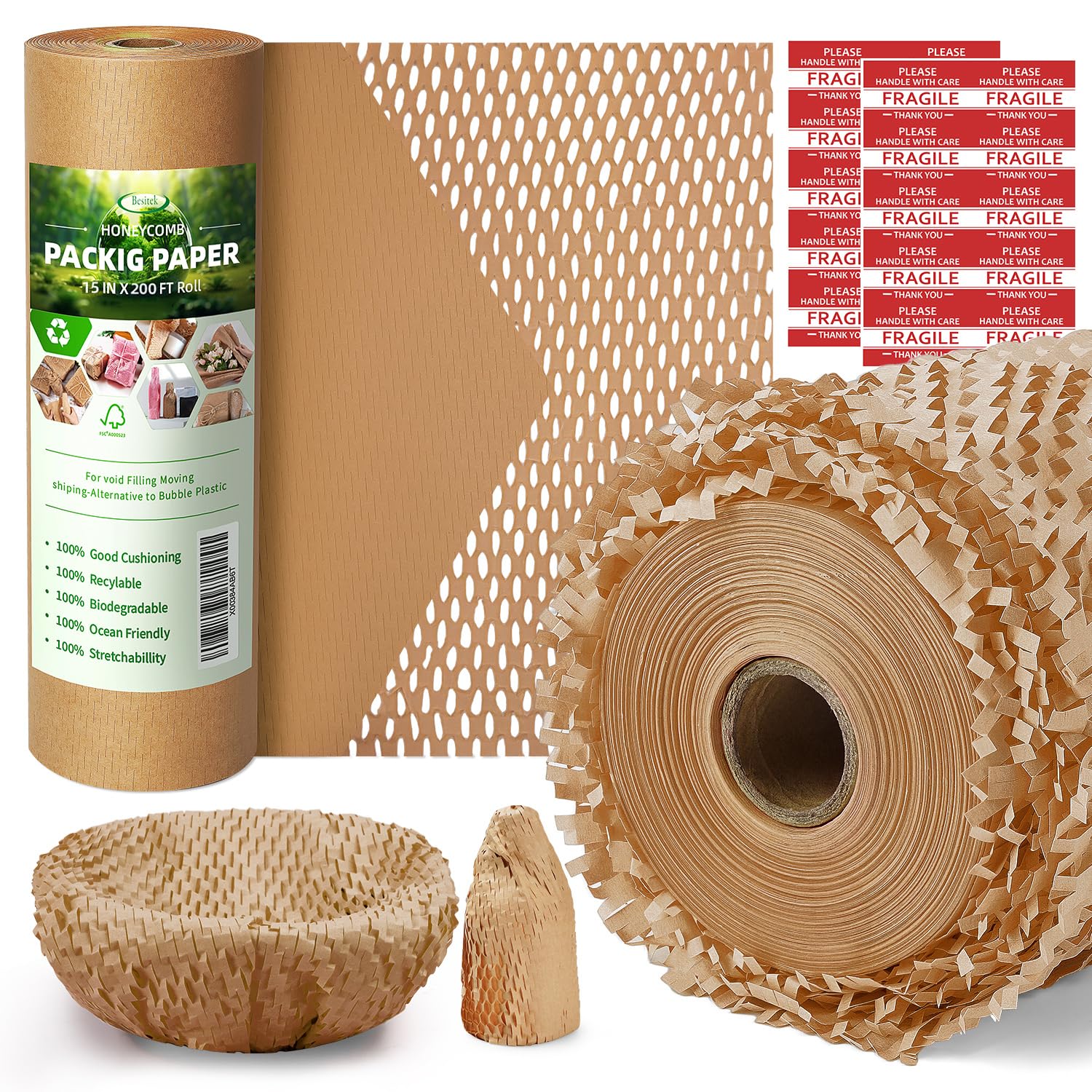 Photo 1 of Honeycomb Packing Paper Wrap 15"x200' Sustainable Alternative to Bubble Cushioning Wrap for Moving/shipping/packing Roll with 20 Fragile Sticker Biodegradable & Fully Recylable