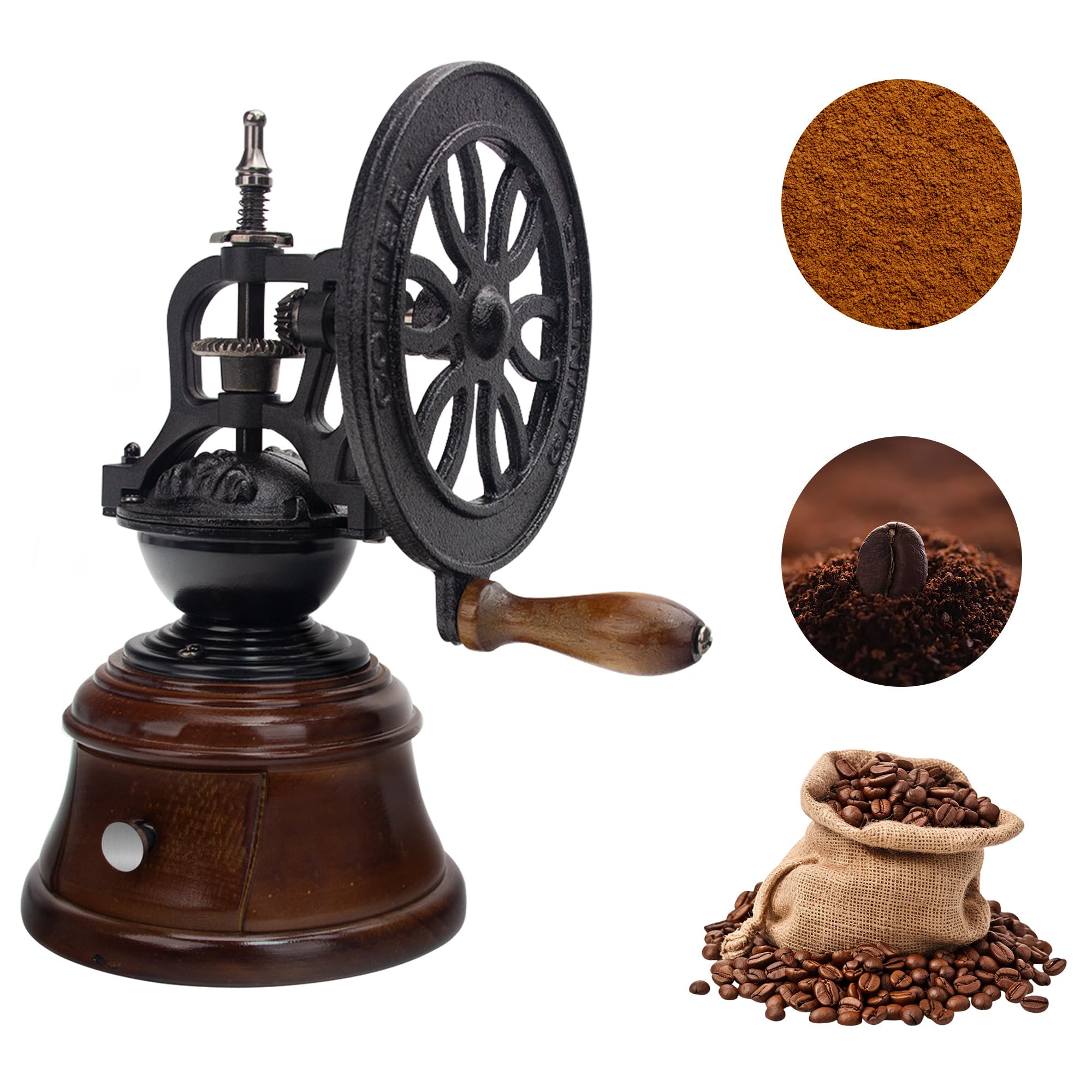 Photo 1 of Vintage Manual Coffee Grinder, Cast Iron and Wood Construction, Adjustable Burr Mill with Collection Box, Black and Brown, 10.63x5.75 Inch