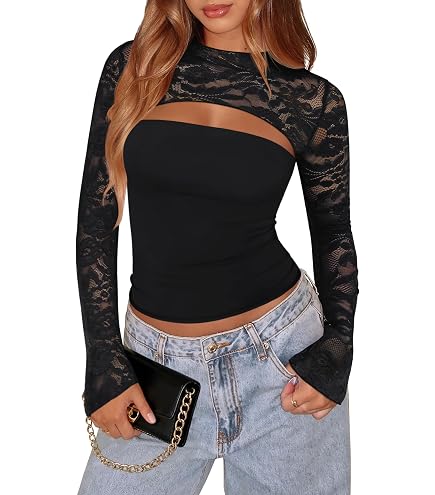 SOLY HUX Women's Deep V Neck T Shirt Long Sleeve Metal Decor