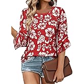 ZXZY Women's 3/4 Length Sleeve Tops Blouses Dressy Casual Hawaiian Shirts Ruffle Bell Sleeve Crew Neck