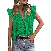 PRETTYGARDEN Womens Summer Tops 2026 Dressy Casual Ruffle Cap Sleeve Button V Neck Embroidered Eyelet Blouses Shirts