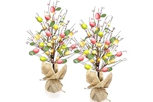 Vanthylit Easter Decorations, 2 Pack Easter Tree with Eggs Artificial Battery Powered Tabletop Centerpiece Lighted Artificial Tree for Holiday Party Spring Home Decor
