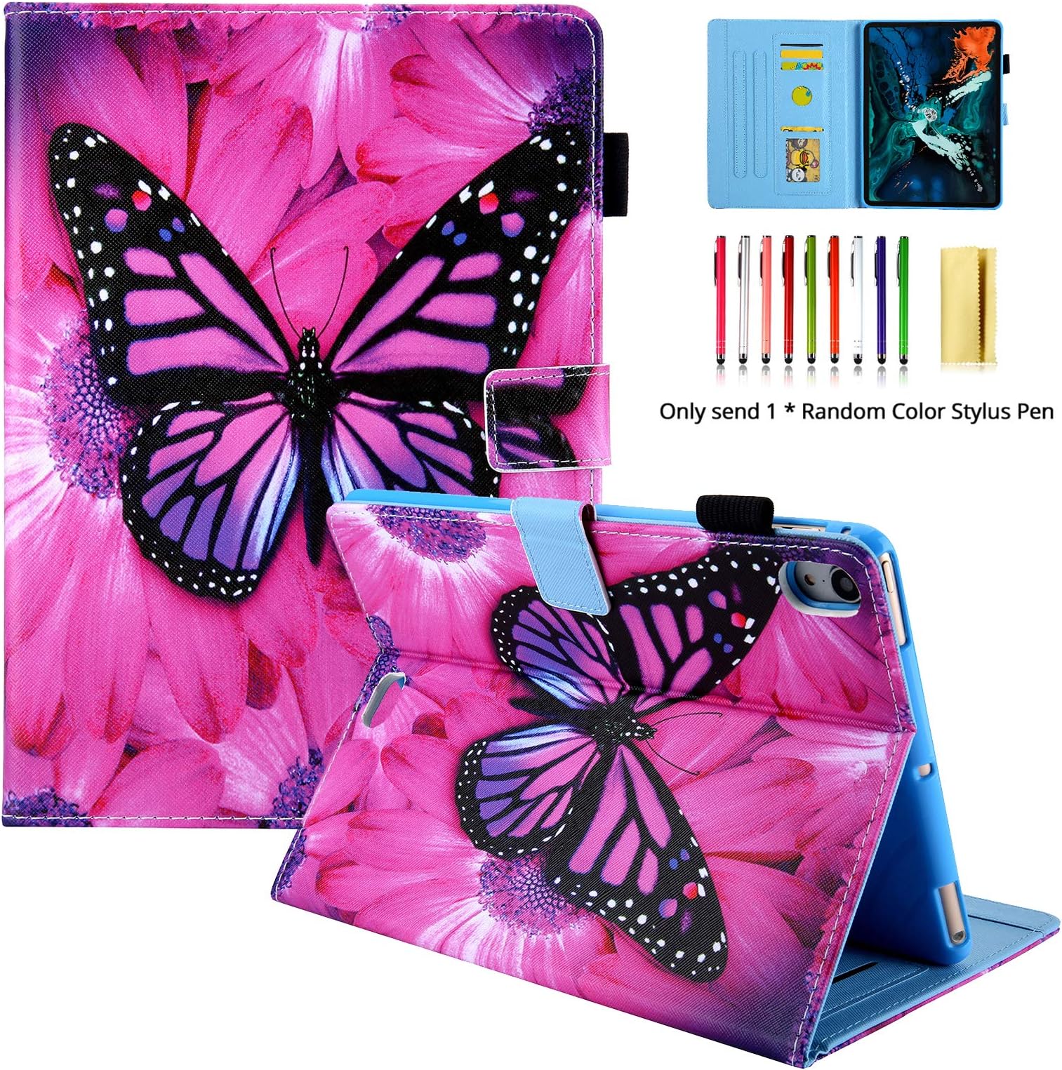 LittleMax Case for iPad Pro 11 Inch,Slim Fit Flip Folio Smart Wallet Cards Slots Case Stand Cover for iPad Pro 11 Inch 2018- (005 Big Rose Butterfly)